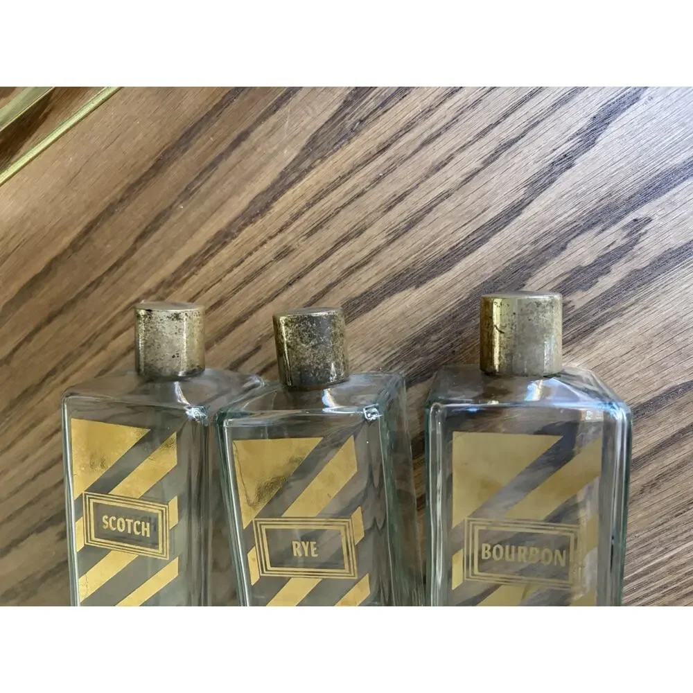 Vintage Midcentury Decanter Set with Brass Caddy Scotch Rye Bourbon Bottles